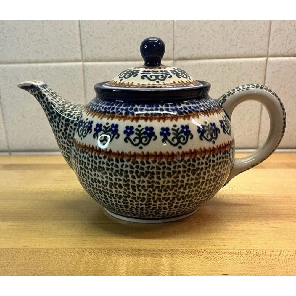 Vtg Trad Boleslawiec Polish Pottery Handcrafted Tea Pot MM-59 Green Blue Brown